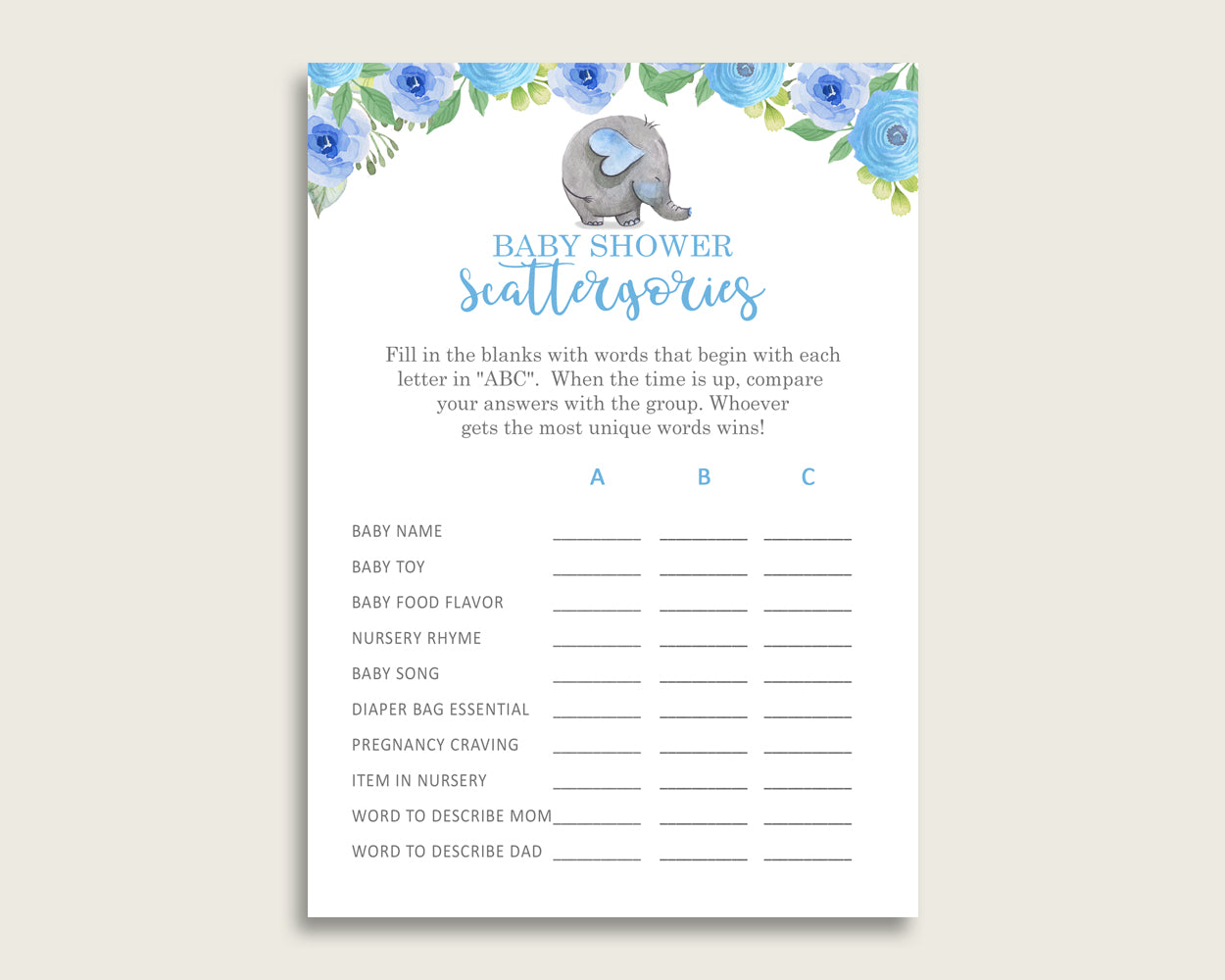 Scattergories Baby Shower Elephant Blue Theme, Blue Gray Scattergories Game Printable, Boy Baby Shower Fun Activity, Dumbo Elephant ebl01