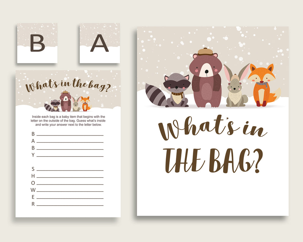 Winter Woodland Baby Shower What's In The Bag Game, Beige Brown Gender Neutral Bag Game Printable, Instant Download, Woods Theme RM4SN