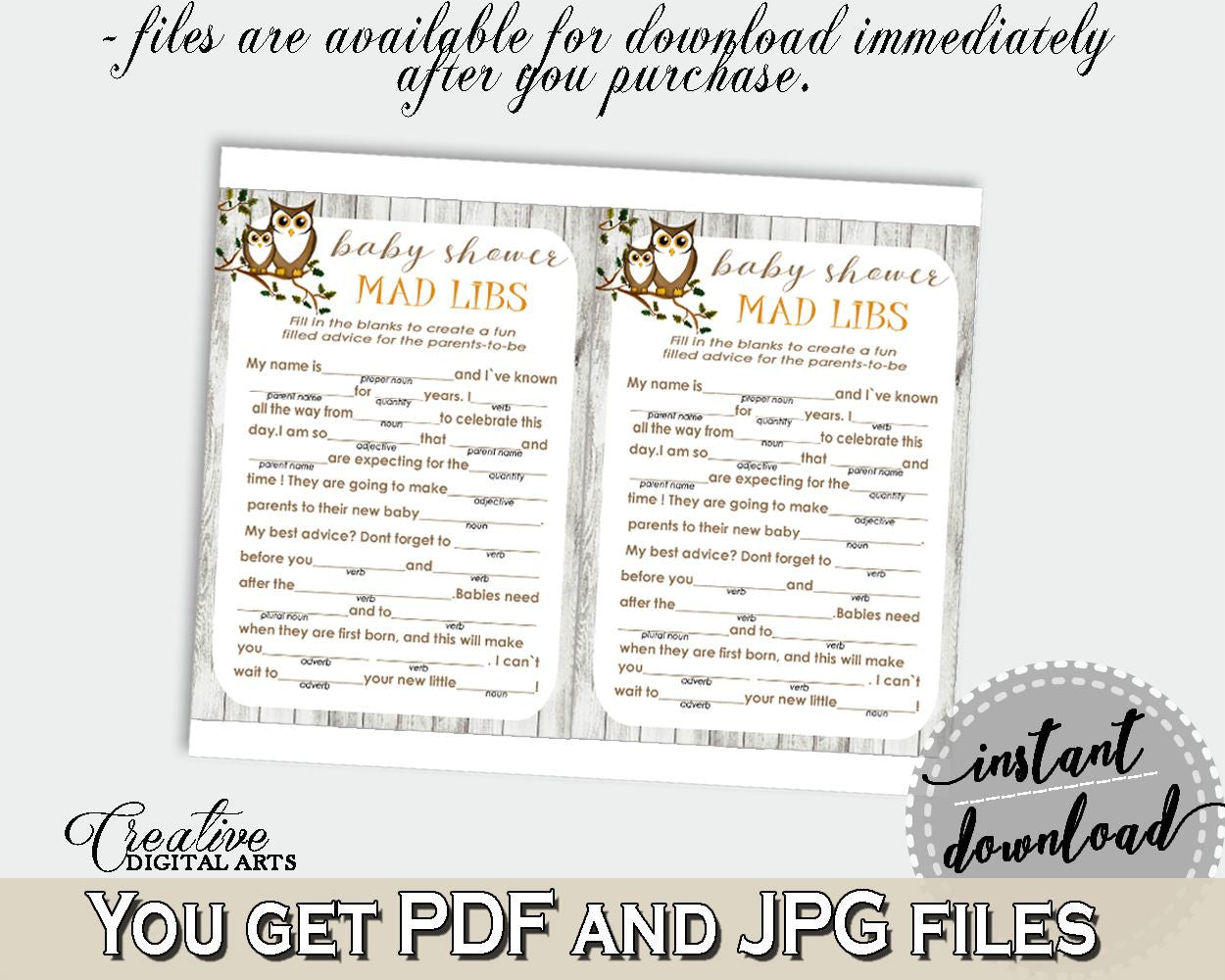 Mad Libs Baby Shower Mad Libs Owl Baby Shower Mad Libs Baby Shower Owl Mad Libs Gray Brown prints - 9PUAC - Digital Product