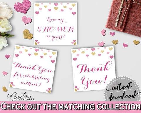 Gold And Pink Glitter Hearts Bridal Shower Theme: Thank You Tags Square - thanks tags,  fondness shower, party decor, paper supplies - WEE0X - Digital Product