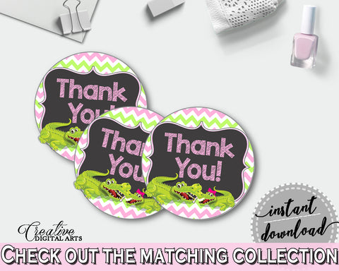 Baby shower THANK YOU round tag or sticker printable with green alligator and pink color theme for girl, instant download - ap001