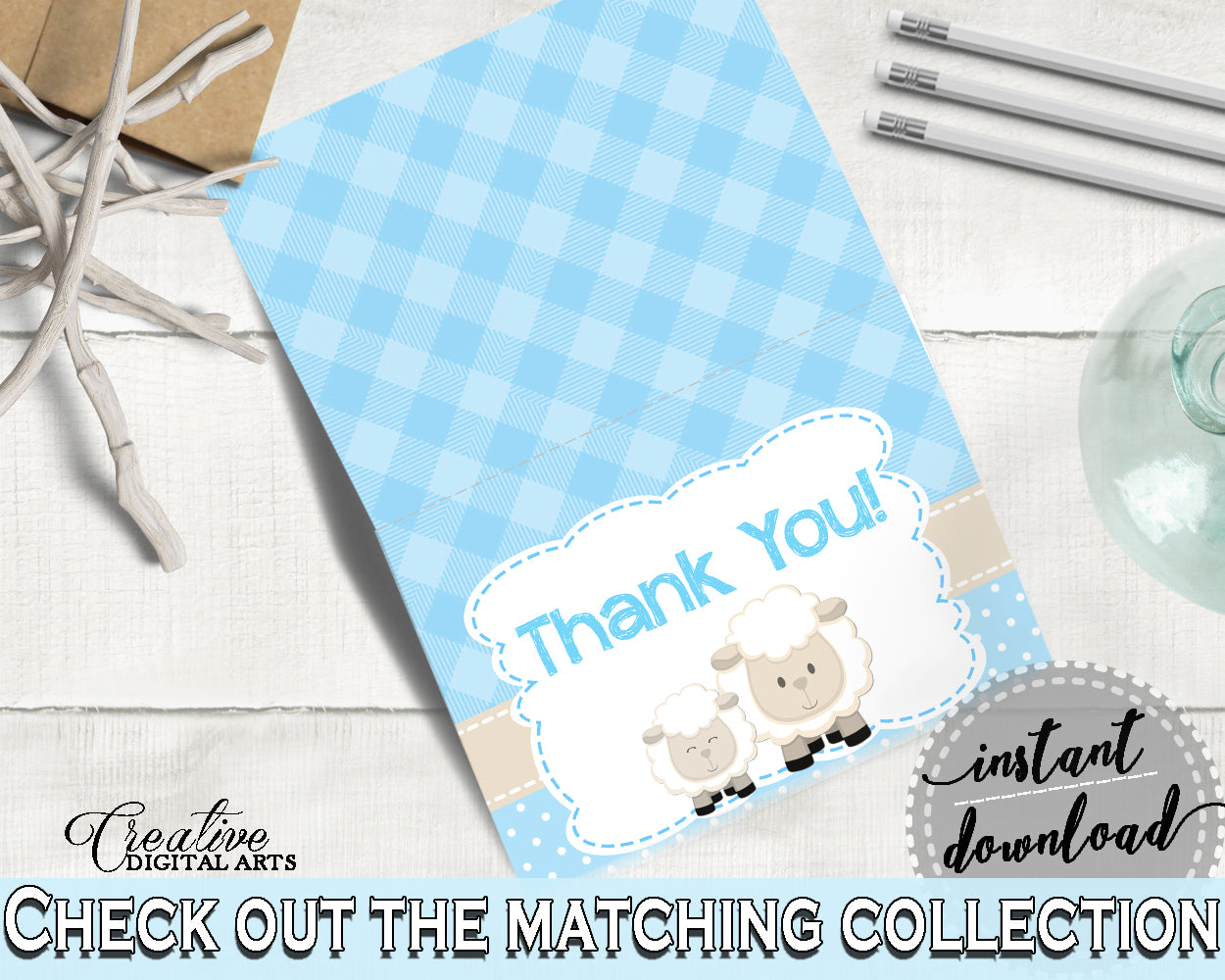 Little Lamb Blue THANK YOU card, baby shower boy blue theme printable, sheep thank you, digital files, jpg pdf, instant download - fa001