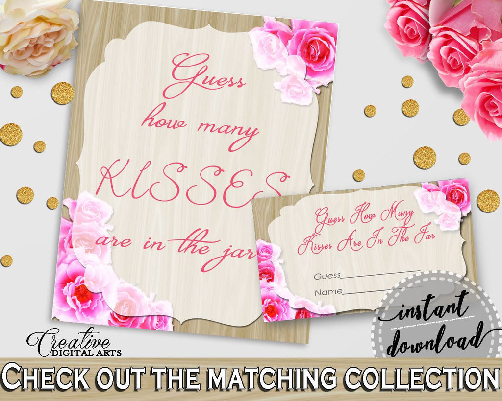 Roses On Wood Bridal Shower Guess How Many Kisses Game in Pink And Beige, how many kisses, light shower, paper supplies, party theme - B9MAI - Digital Product