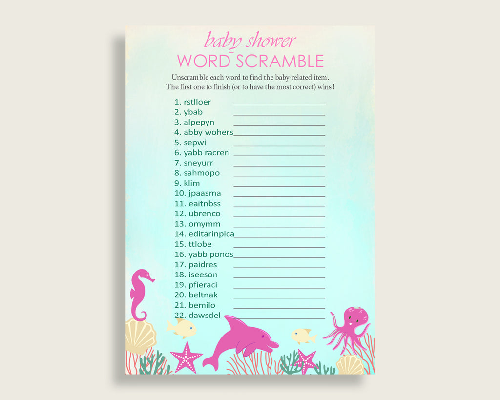 Girl Baby Shower Word Scramble Game Printable, Cute Under The Sea Pink Green Word Scramble, Funny Activity, Instant Download, Popular uts01