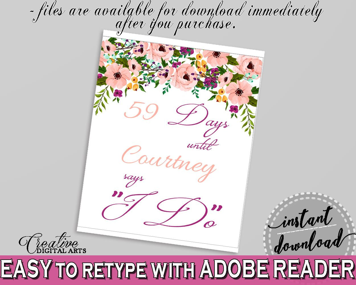 Days Until I Do in Watercolor Flowers Bridal Shower White And Pink Theme, days until i do sign, modern calligraphy, shower activity - 9GOY4 - Digital Product