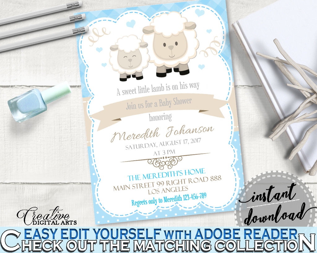 Little Lamb Blue INVITATION editable baby shower boy theme printable sheep, digital files, editable lamb shower, instant download - fa001