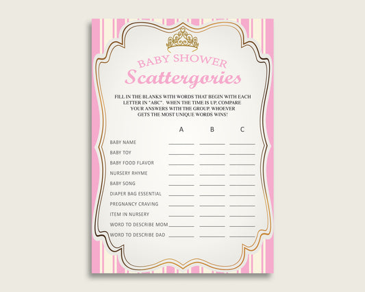 Scattergories Baby Shower Royal Princess Theme, Pink Gold Scattergories Game Printable, Girl Baby Shower Fun Activity, Queen Heiress rp002