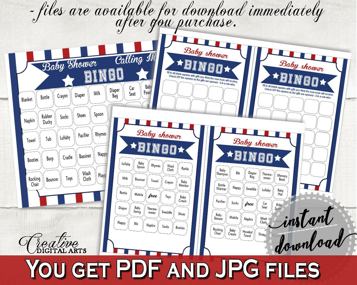 Bingo 60 Cards Baby Shower Bingo 60 Cards Baseball Baby Shower Bingo 60 Cards Baby Shower Baseball Bingo 60 Cards Blue Red prints - YKN4H - Digital Product