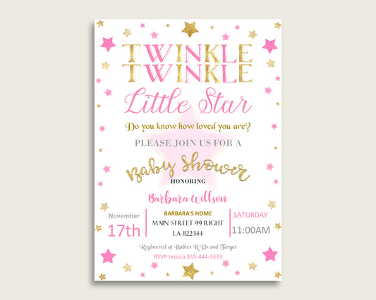 Twinkle Star Baby Shower Invitations Printable, Digital Or Printed Invitation Baby Shower Girl, Editable Invitation Pink Gold Cute bsg01