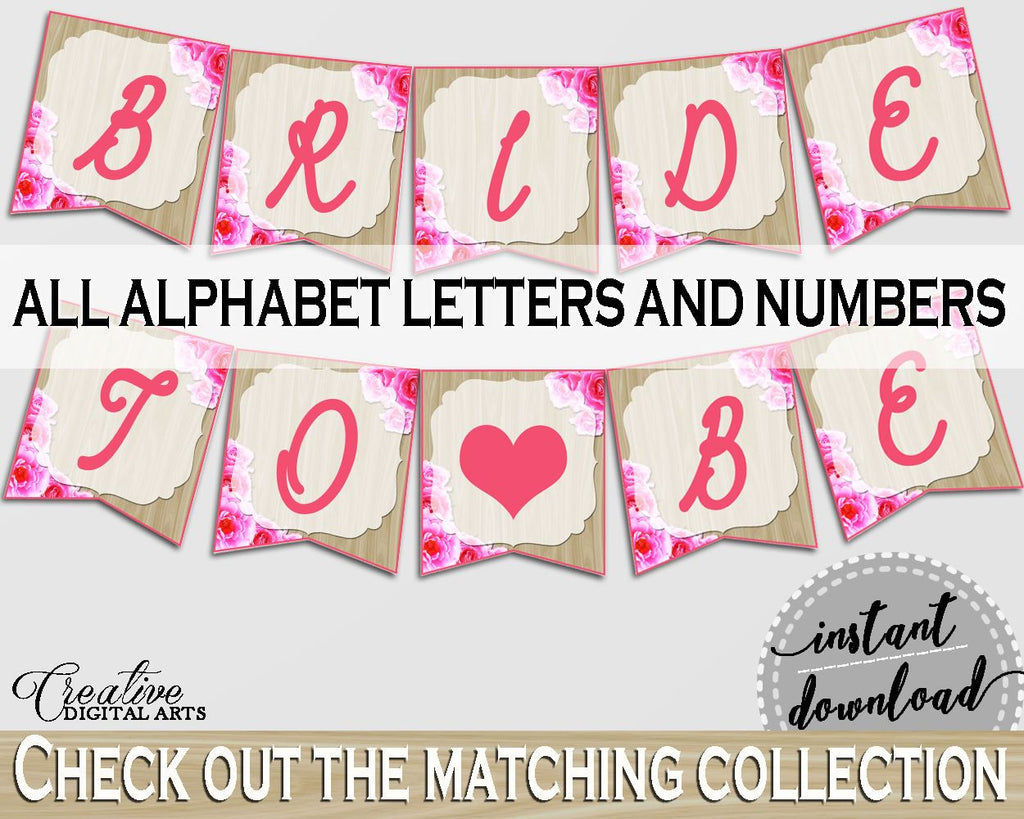 Roses On Wood Bridal Shower Banner in Pink And Beige, banner all letters, beige bridal shower, shower celebration, printable files - B9MAI - Digital Product