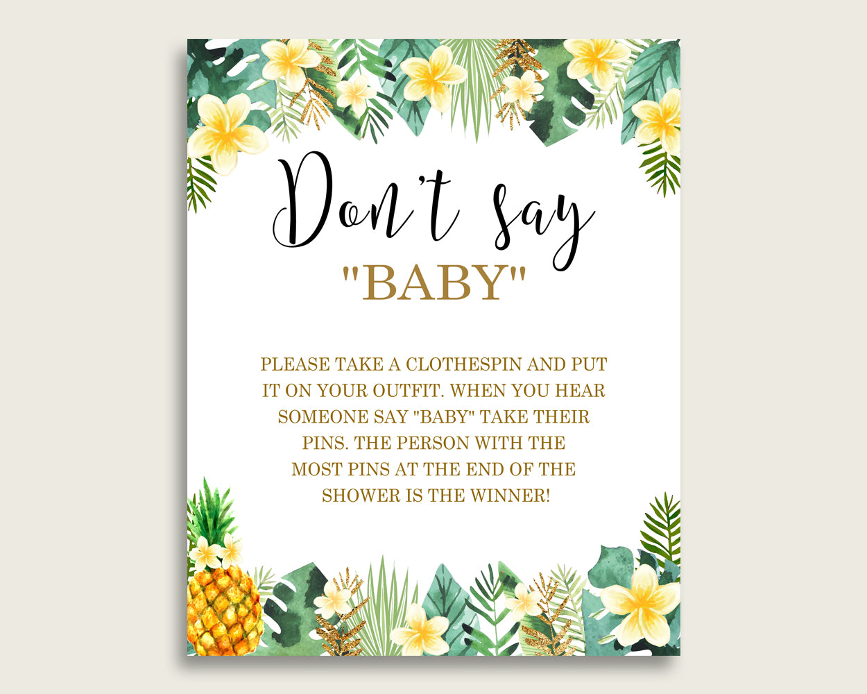 Green Yellow Don't Say Baby Printable Game, Gender Neutral Baby Shower Tropical Game Sign, Instant Download, 8x10, Hawaiian Luau 4N0VK