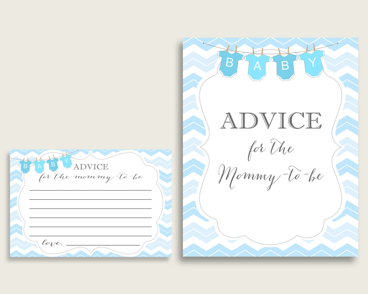 Chevron Advice For Mommy To Be Cards & Sign, Printable Baby Shower Blue White Advice For New Parents, Instant Download, Light Blue cbl01