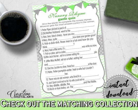 Baby Shower NURSERY RHYME QUIZ game with chevron green theme printable, digital files Jpg Pdf, instant download - cgr01