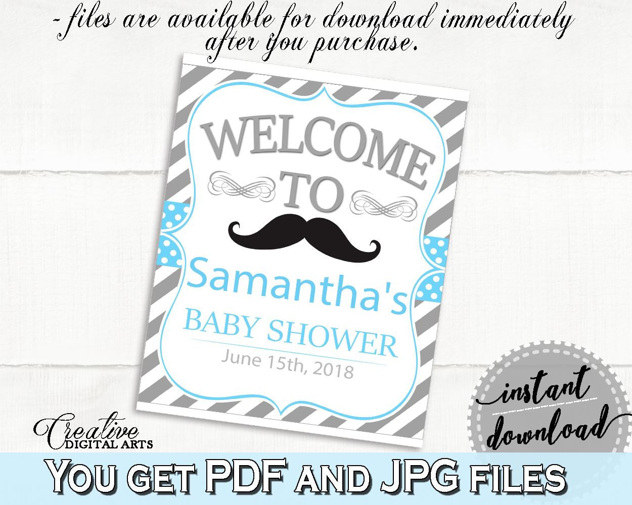 Blue Gray Welcome Sign, Baby Shower Welcome Sign, Mustache Baby Shower Welcome Sign, Baby Shower Mustache Welcome Sign digital print 9P2QW - Digital Product