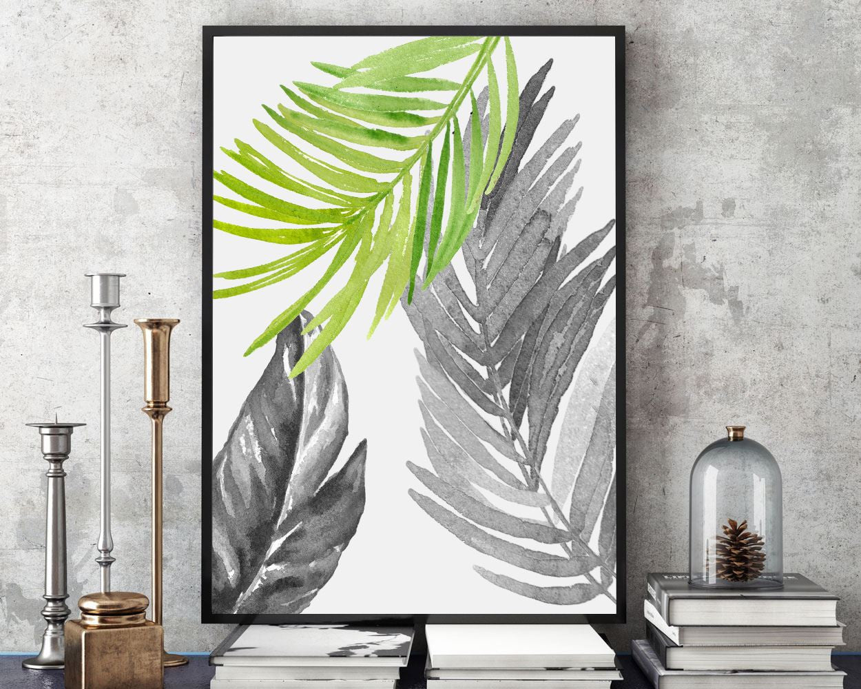 Leaves Framed Print Available Watercolor Canvas Print Available Leaves  Printed Watercolor black white tropical leaves green watercolor - Digital Download