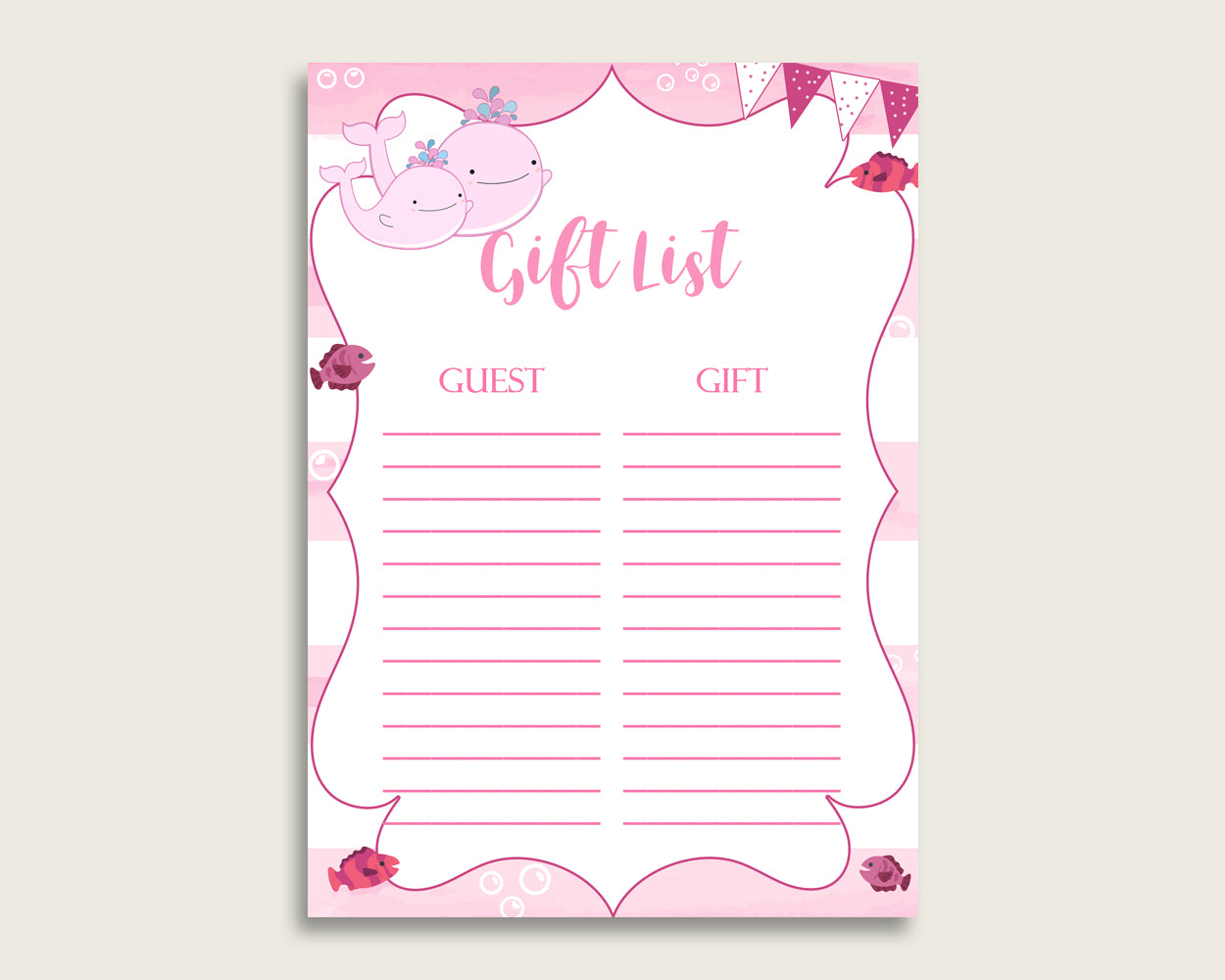 Pink Whale Baby Shower Gift List, Pink White Gift List Printable, Girl Baby Shower Gift Checklist Sheet, Instant Download, Baby Whale wbl02