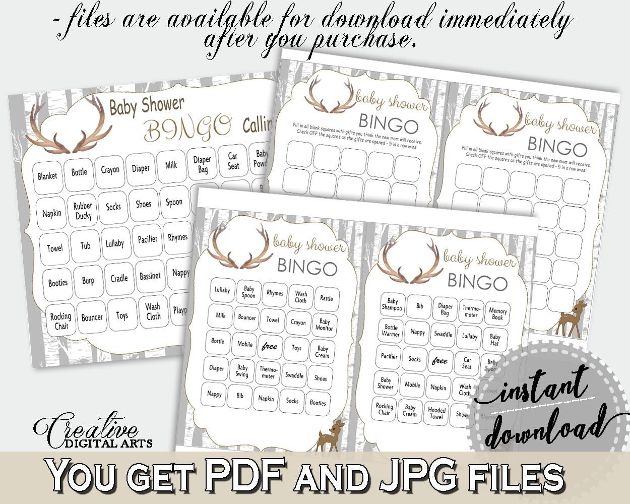 Bingo 60 Cards Baby Shower Bingo 60 Cards Deer Baby Shower Bingo 60 Cards Baby Shower Deer Bingo 60 Cards Gray Brown - Z20R3 - Digital Product