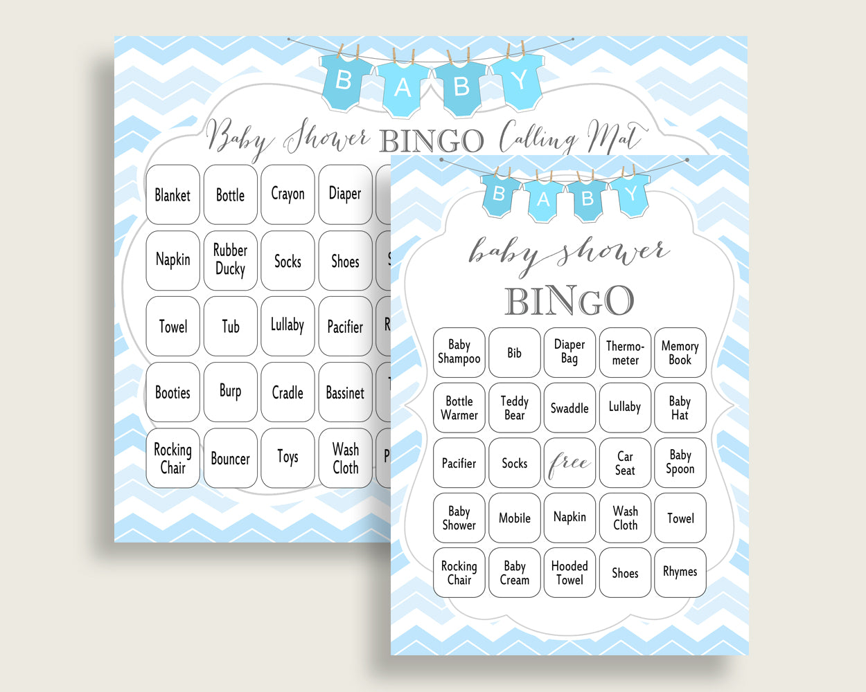 Chevron Baby Shower Bingo Cards Printable, Blue White Baby Shower Boy, 60 Prefilled Bingo Game Cards, Light Blue Popular cbl01