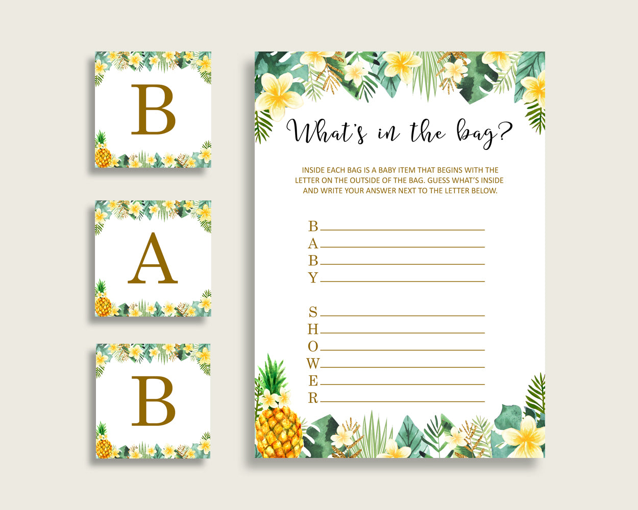 Tropical Baby Shower What's In The Bag Game, Green Yellow Gender Neutral Bag Game Printable, Instant Download, Popular Hawaiian Luau 4N0VK