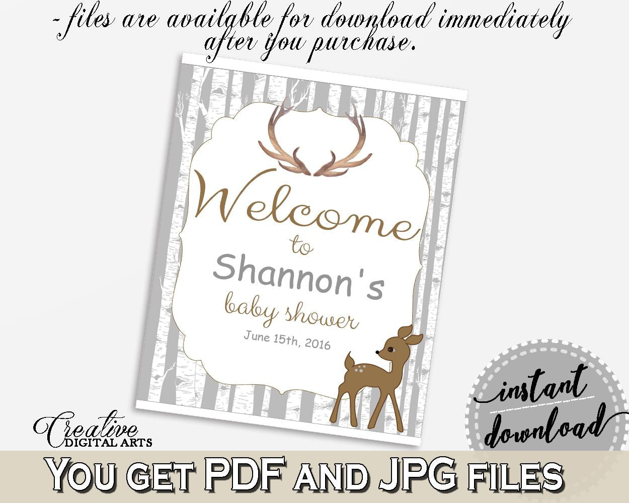 Welcome Sign Baby Shower Welcome Sign Deer Baby Shower Welcome Sign Baby Shower Deer Welcome Sign Gray Brown party supplies - Z20R3 - Digital Product