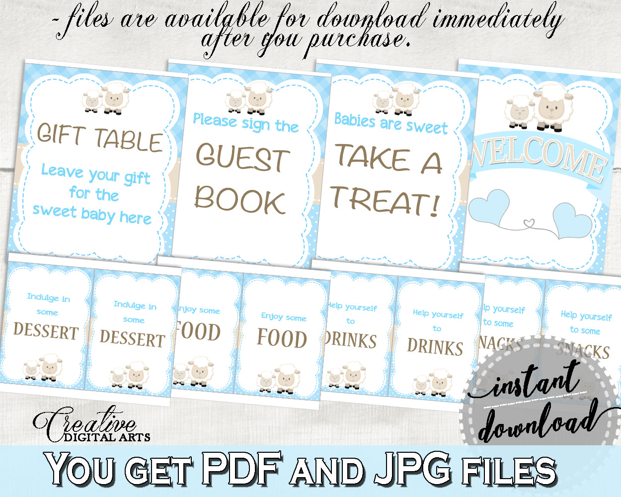 Baby Shower Little Lamb TABLE SIGNS Boy printable blue theme, sheep table signs pack set, digital files, Jpg Pdf, instant download - fa001