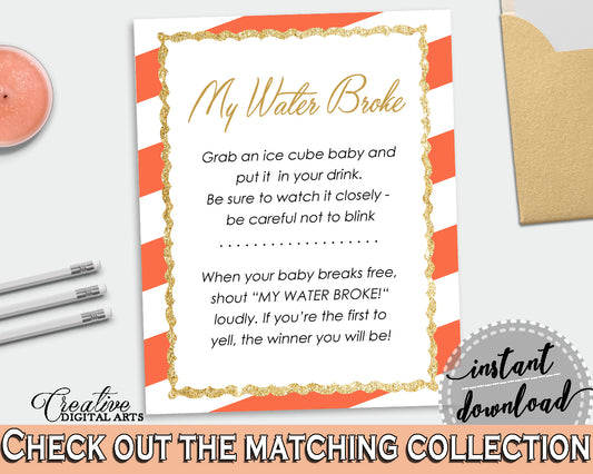 MY WATER BROKE baby shower game with glitter gold and orange stripes color theme, digital files jpg pdf, instant download - bs003