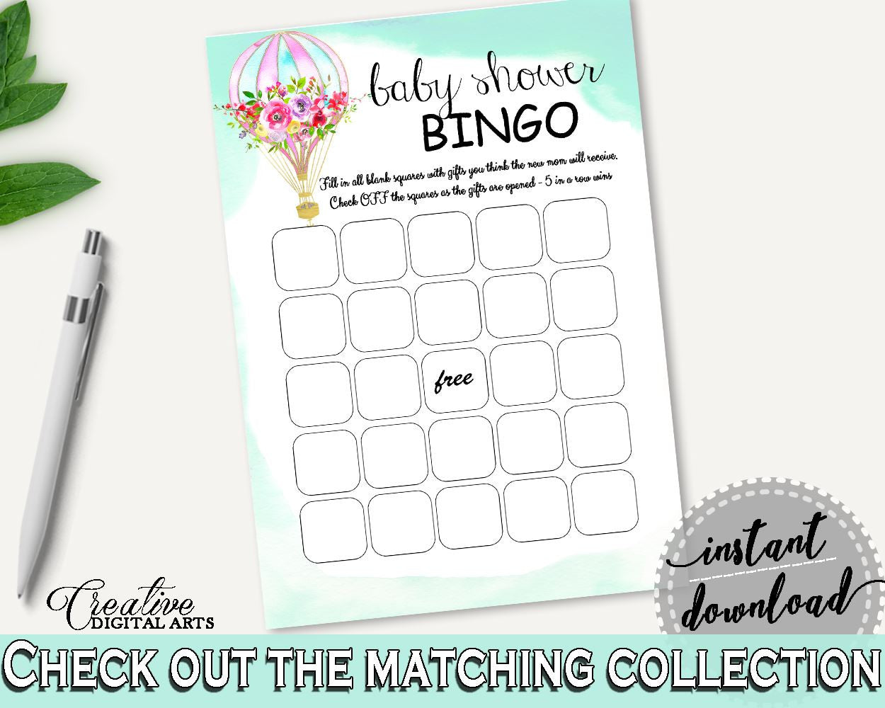 Empty Bingo Baby Shower Empty Bingo Hot Air Balloon Baby Shower Empty Bingo Baby Shower Hot Air Balloon Empty Bingo Green Pink CSXIS - Digital Product