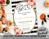 Black And Gold Flower Bouquet Black Stripes Bridal Shower Theme: She Said Yes Invitation Editable - bridal invite, party décor - QMK20 - Digital Product