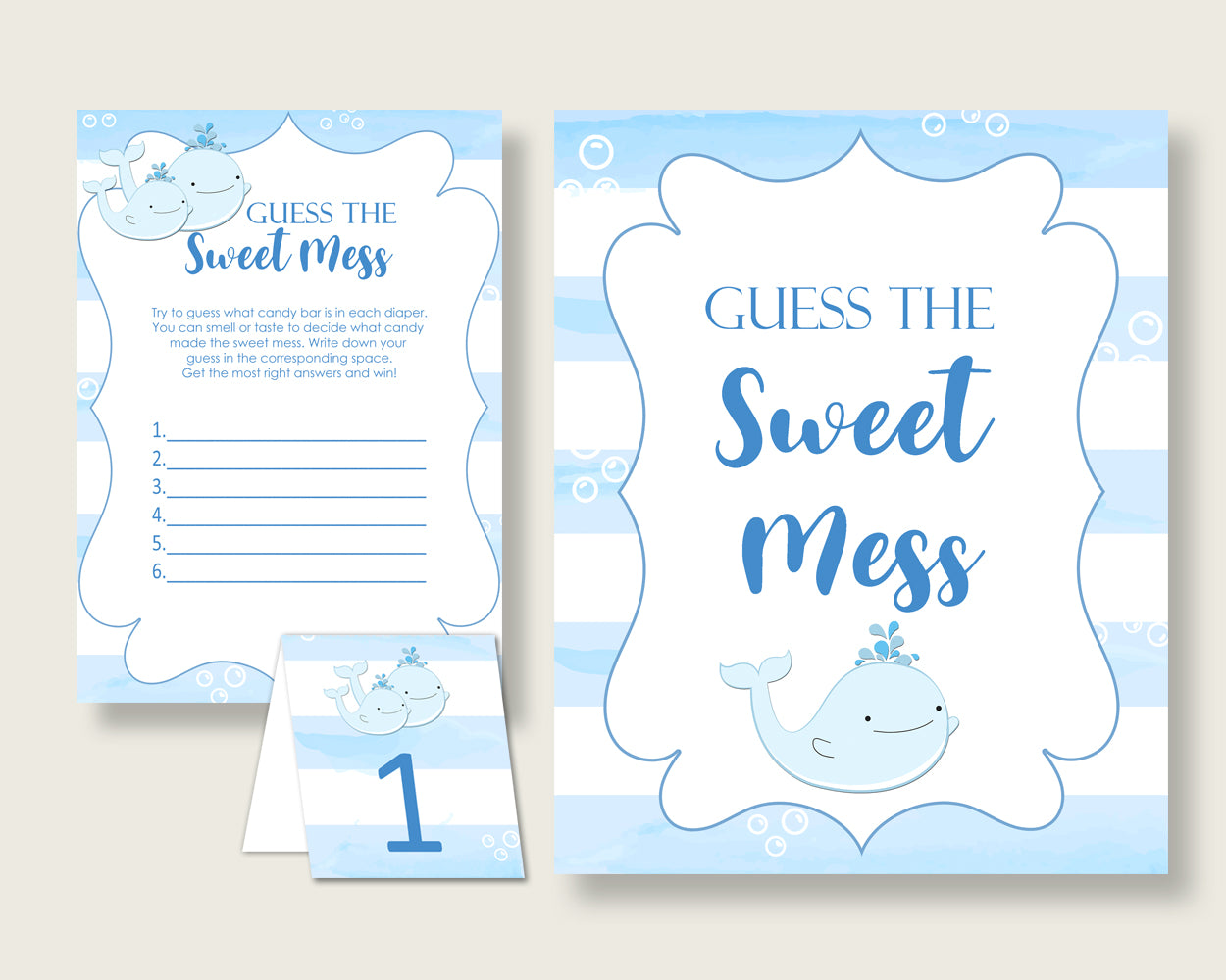 Whale Guessing Game Baby Shower Boy, Blue White Guess The Sweet Mess Game Printable, Dirty Diaper Game, Instant Download, Nautical Sea wbl01