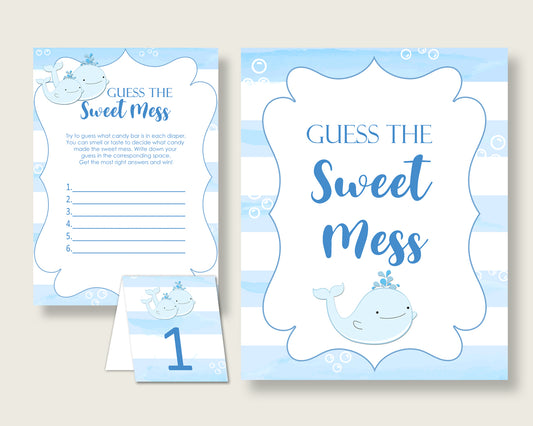 Whale Guessing Game Baby Shower Boy, Blue White Guess The Sweet Mess Game Printable, Dirty Diaper Game, Instant Download, Nautical Sea wbl01