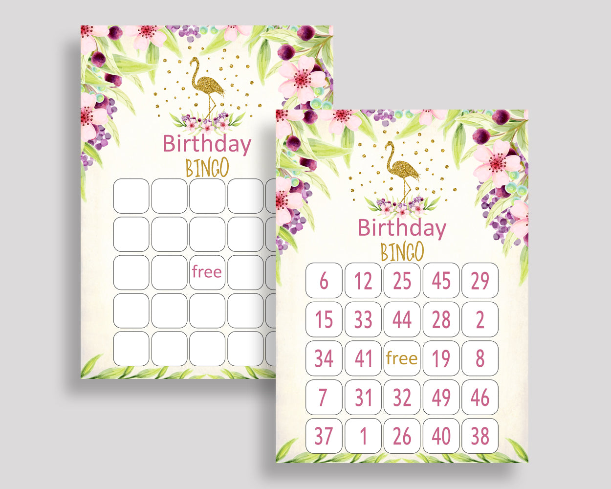 Flamingo Bingo Game Cards, Glitter Birthday Game, Printable Gold Green Bingo Prefilled, Numbered Bingo 60 Cards, Bingo Girl, P3SIV