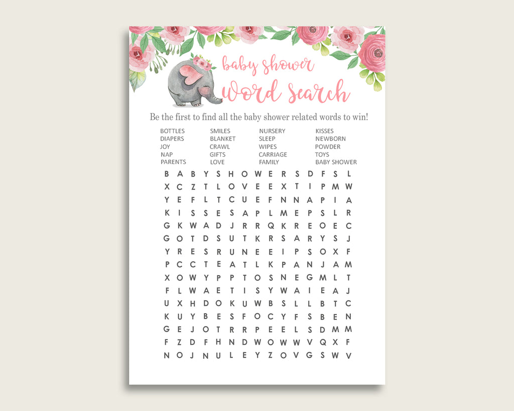 Pink Elephant Word Search Game, Pink Grey Baby Shower Word Search Cards Printable, Girl Baby Shower Activities, Hidden Words, Instant ep001