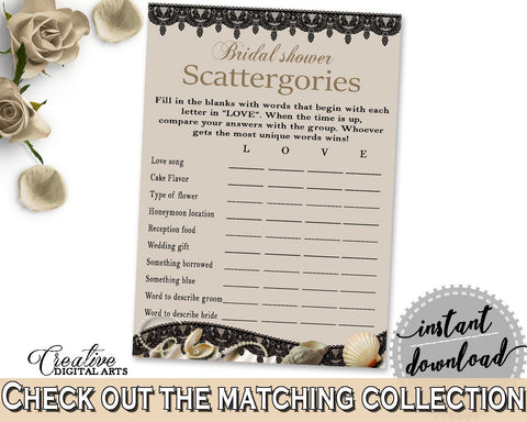 Brown And Beige Seashells And Pearls Bridal Shower Theme: Scattergories Game - bride scattergories, seashells shower, party theme - 65924 - Digital Product