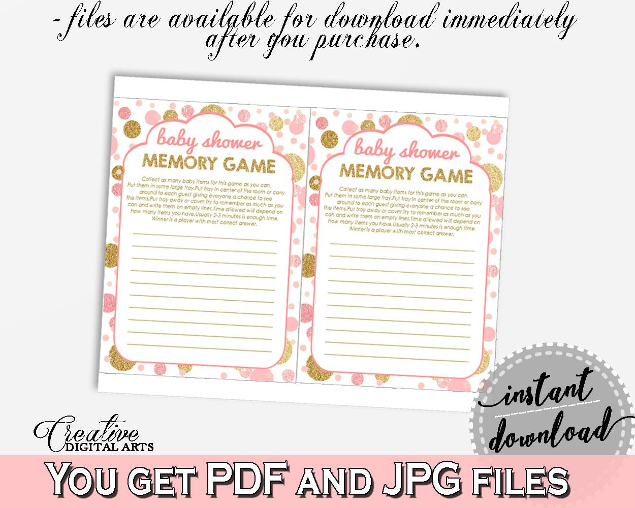 Memory Game, Baby Shower Memory Game, Dots Baby Shower Memory Game, Baby Shower Dots Memory Game Pink Gold pdf jpg - RUK83 - Digital Product