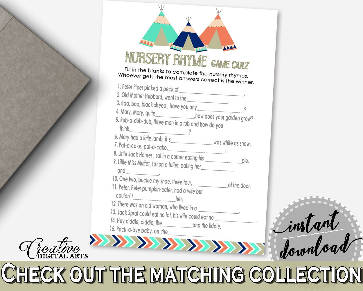 Nursery Rhyme Quiz Baby Shower Nursery Rhyme Quiz Tribal Teepee Baby Shower Nursery Rhyme Quiz Baby Shower Tribal Teepee Nursery Rhyme KS6AW - Digital Product