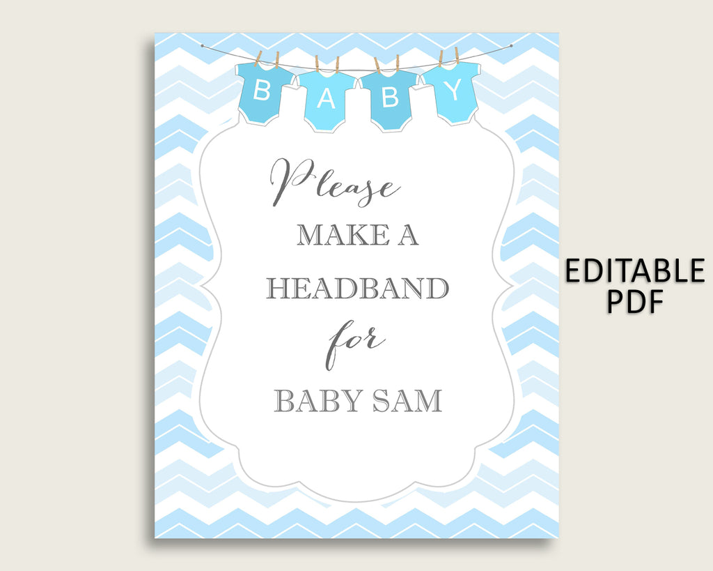 Chevron Baby Shower Headband Sign, Blue White Headband Station Sign Editable, Boy Shower Headband For Baby, Instant Download, Popular cbl01