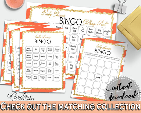 60 Baby Shower BINGO cards game and empty gift BINGO cards with orange striped color theme printable, instant download - bs003