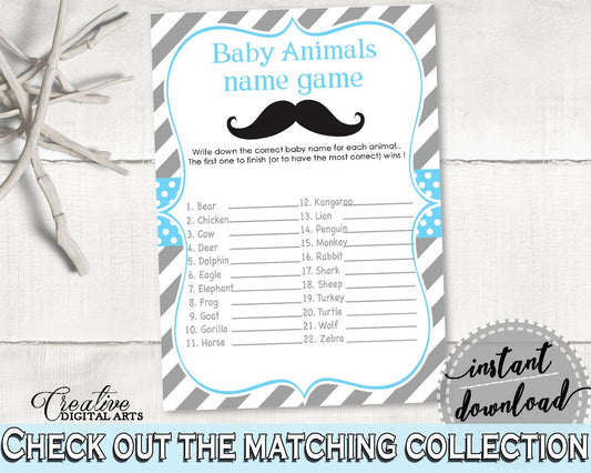 Blue Gray Baby Animal Names, Baby Shower Baby Animal Names, Mustache Baby Shower Baby Animal Names, Baby Shower Mustache Baby Animal 9P2QW - Digital Product