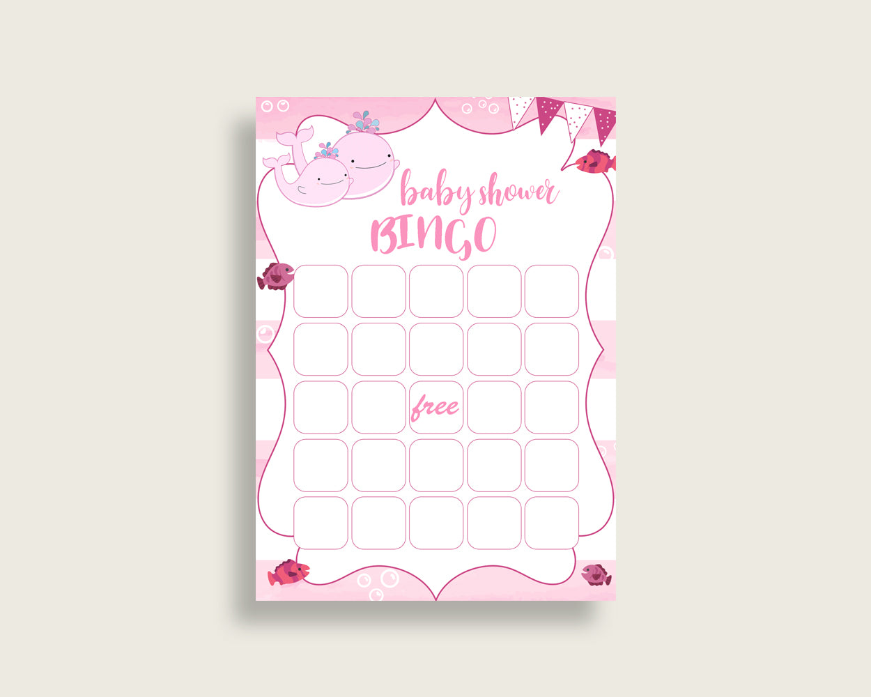 Pink Whale Baby Shower Bingo Cards Printable, Pink White Baby Shower Girl, 60 Prefilled Bingo Game Cards, Sea Animals Baby Whale wbl02