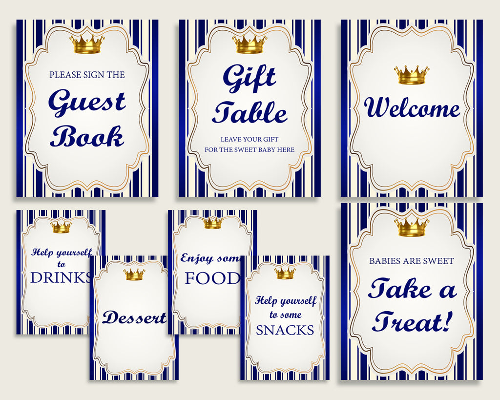 Royal Prince Baby Shower Boy Table Signs Printable, Blue Gold Party Table Decor, Favors, Food, Drink, Treat, Guest Book, Instant rp001