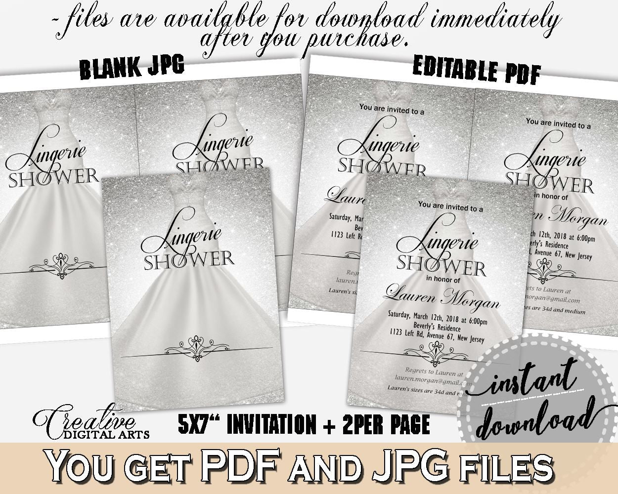 Silver Wedding Dress Bridal Shower Lingerie Shower Invitation Editable in Silver And White, sexy, crystal bridal, shower celebration - C0CS5 - Digital Product