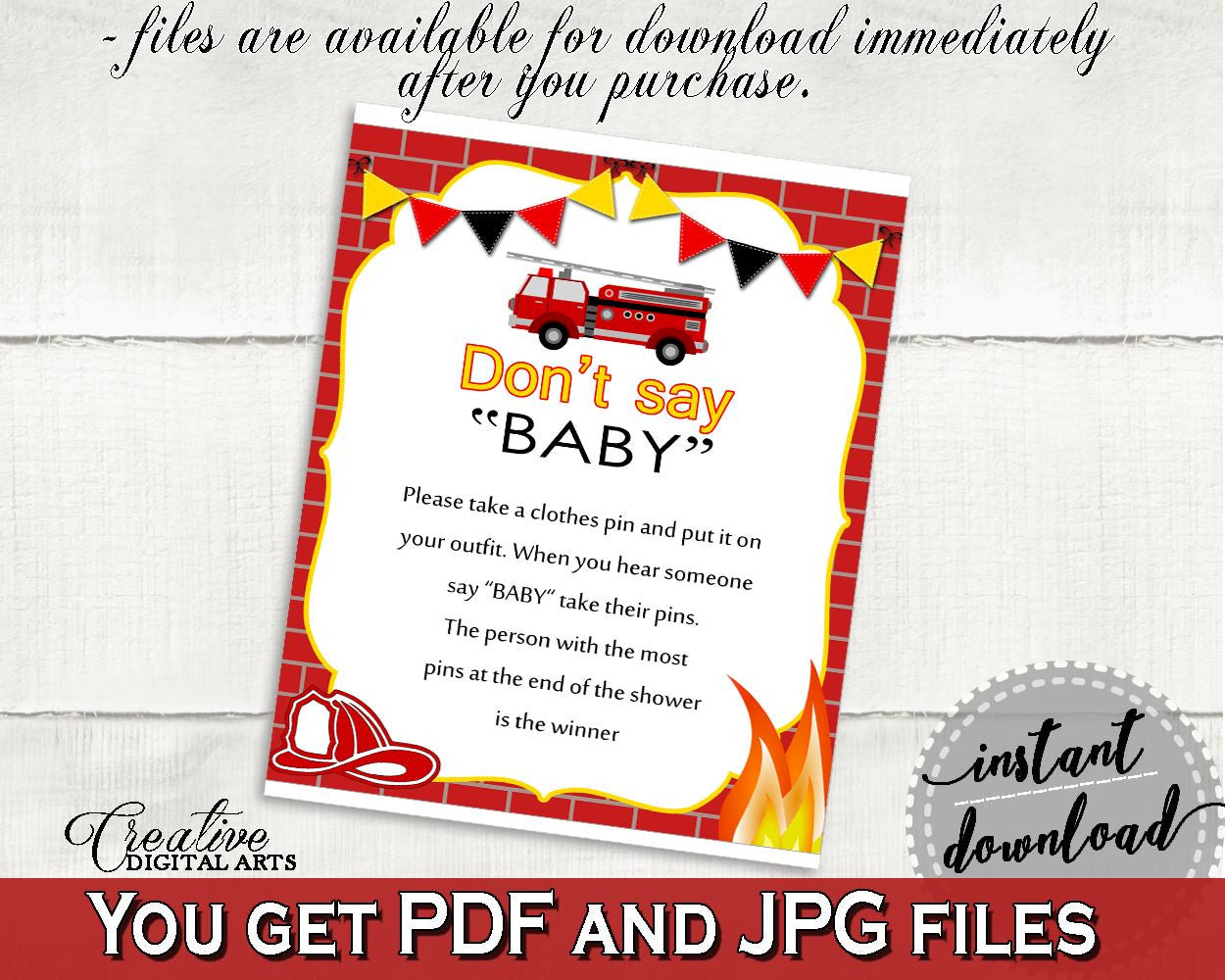 Dont Say Baby Baby Shower Dont Say Baby Fireman Baby Shower Dont Say Baby Red Yellow Baby Shower Fireman Dont Say Baby - LUWX6 - Digital Product