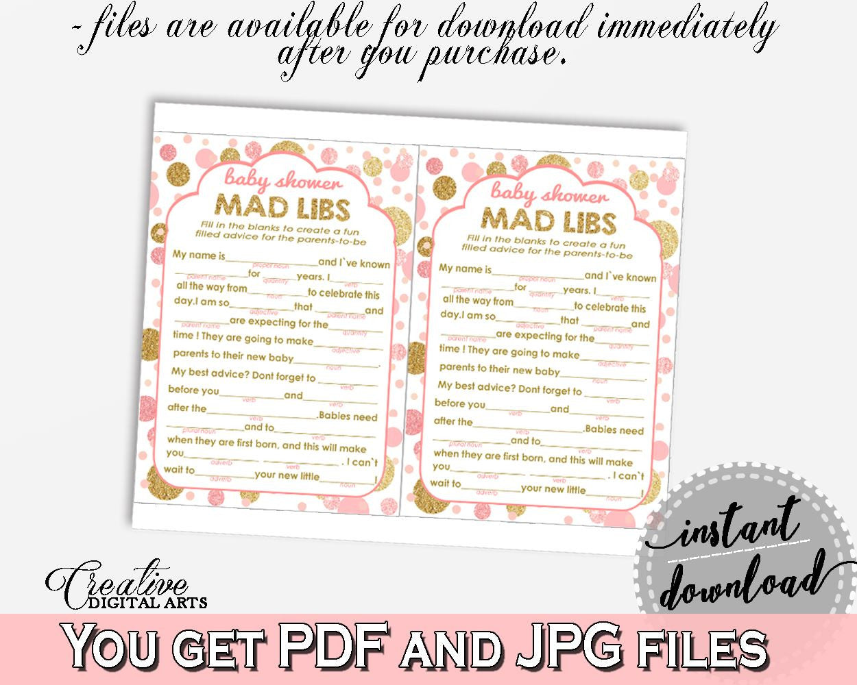 Pink Gold Mad Libs, Baby Shower Mad Libs, Dots Baby Shower Mad Libs, Baby Shower Dots Mad Libs party decor - RUK83 - Digital Product