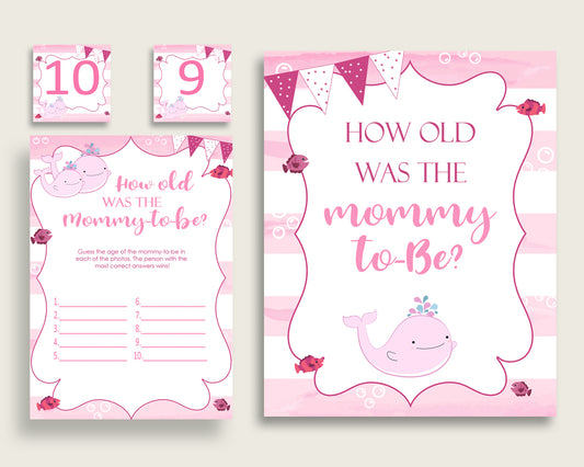 Pink White How Old Was The Mommy To Be, Girl Baby Shower Game Printable, Pink Whale Guess Mommy's Age Game, Instant Download, Popular wbl02