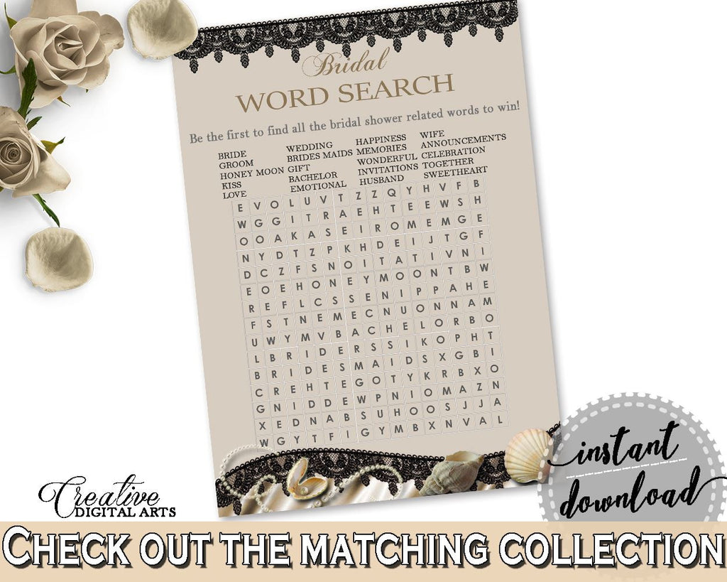 Word Search in Seashells And Pearls Bridal Shower Brown And Beige Theme, find related words, bridal shower pearls, printables - 65924 - Digital Product