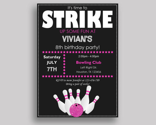 Bowling Birthday Invitation Bowling Birthday Party Invitation Bowling Birthday Party Bowling Invitation Girl bowl cones, strike WYP5V - Digital Product