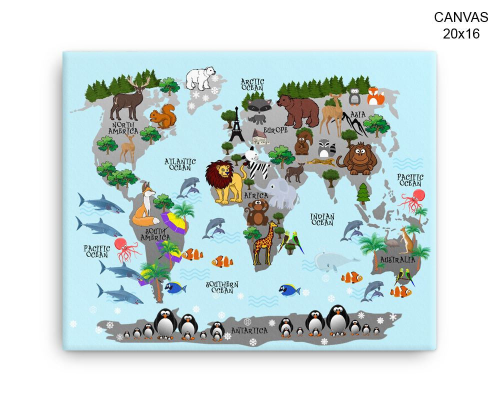 Animals World Map Print, Beautiful Wall Art with Frame and Canvas options available Nursery Decor