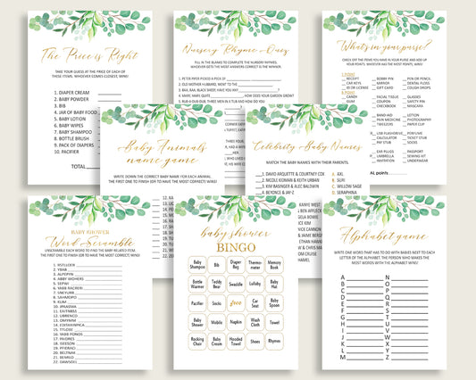 Greenery Baby Shower Games Printable Pack, Green Gold Baby Shower Games Package Gender Neutral, Greenery Games Bundle Set, Instant Y8X33