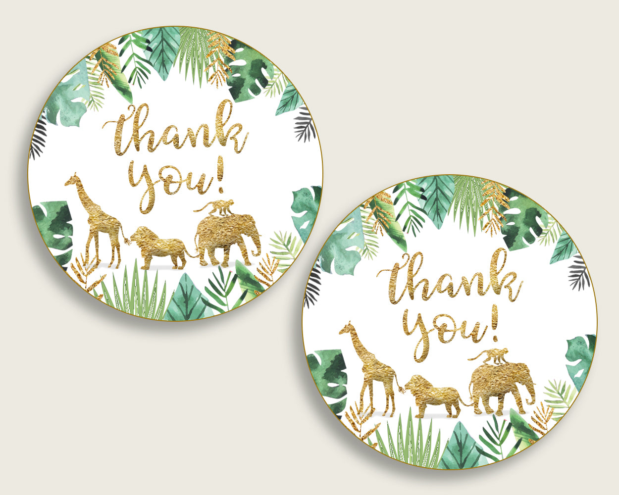 Jungle Baby Shower Round Thank You Tags 2 inch Printable, Gold Green Favor Gift Tags, Gender Neutral Shower Hang Tags Labels, Digital EJRED